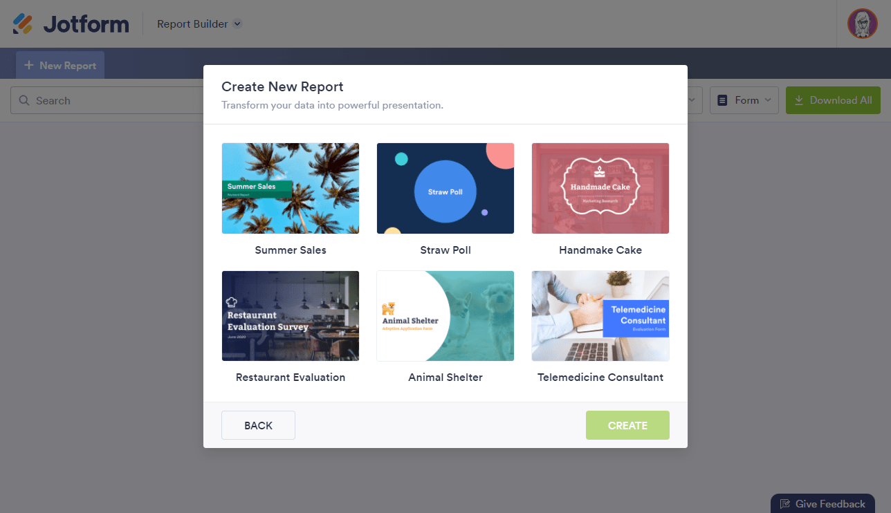 The sample report templates in the Create New Report dialog