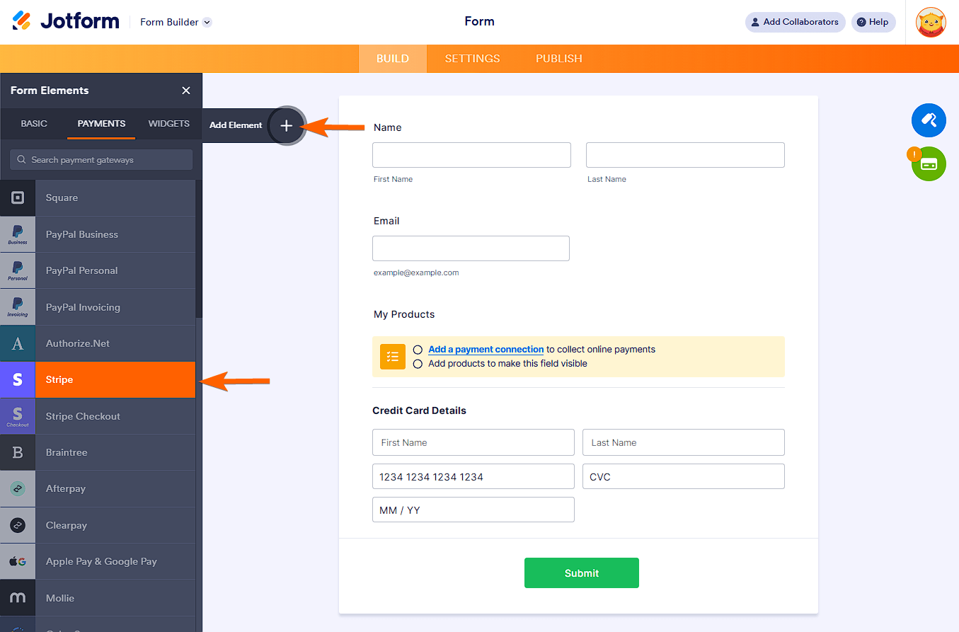 Integración de pagos Stripe en la pestaña de Pagos del Generador de Formularios de Jotform