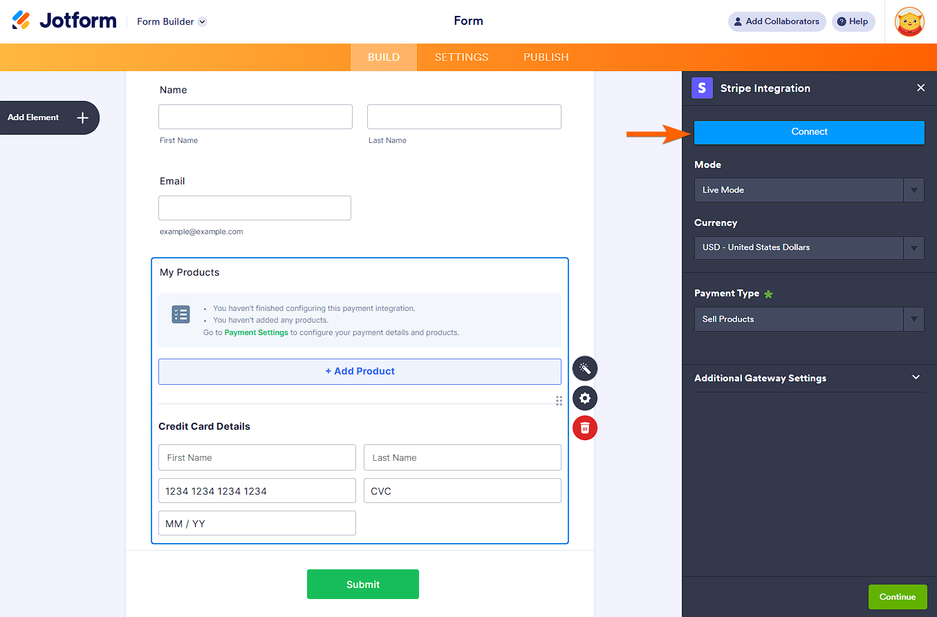 Botón de conectar en la configuración de la Integración de Stripe