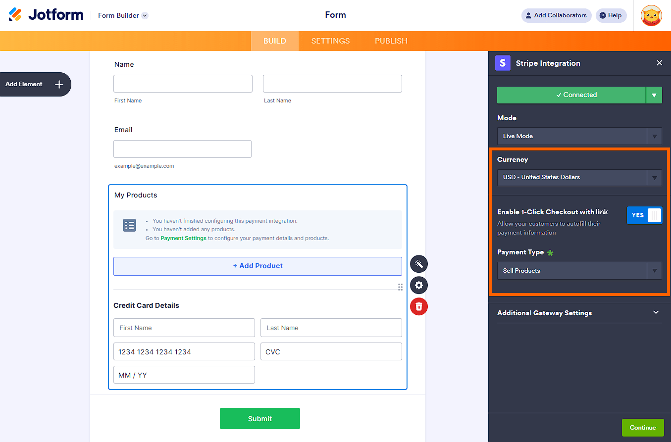 Varias opciones en la configuración de integración de Stripe Checkout