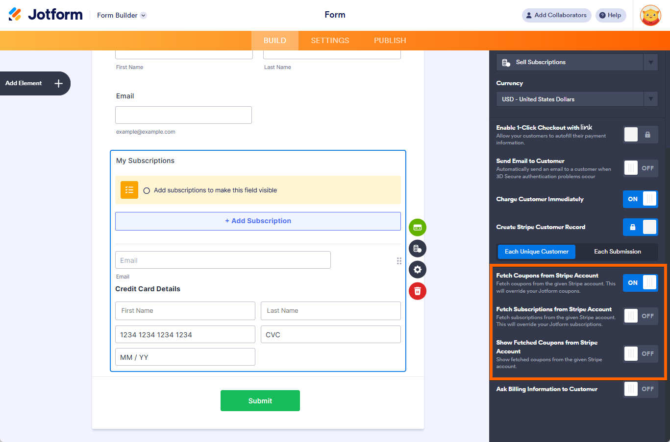 Opciones para Vender Suscripciones en la configuración de Integración de Stripe
