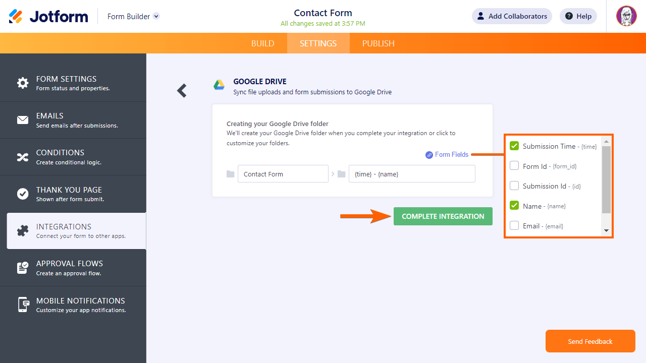 Google Form Integration settings