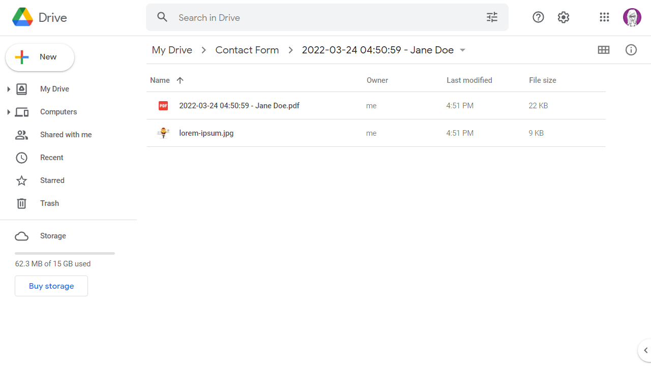 Google Drive form submission preview