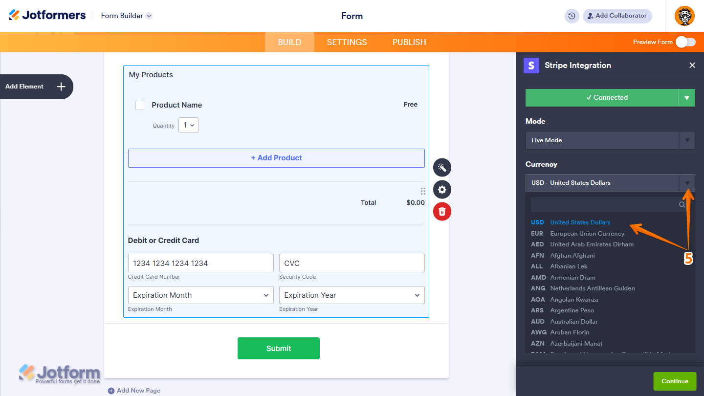 Currency dropdown menu in the Stripe integration settings