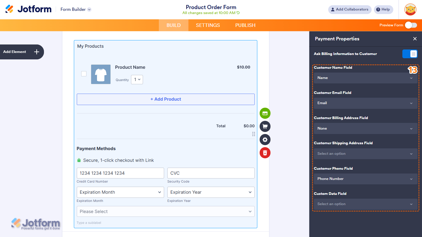 Ask Billing Information to Customer toggle in the Payment Properties menu of the Stripe integration