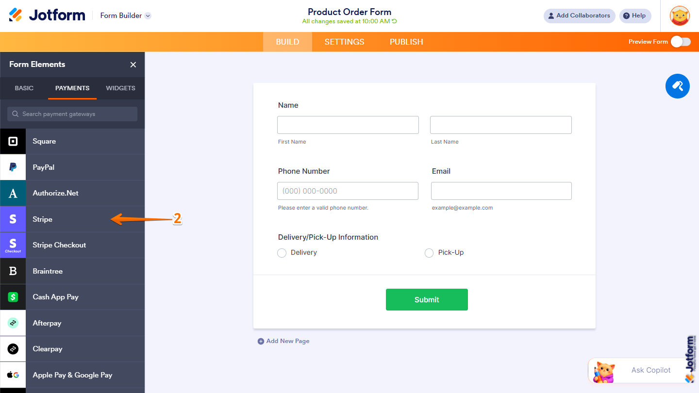 Stripe option in the Payments tab of the Jotform Form Builder