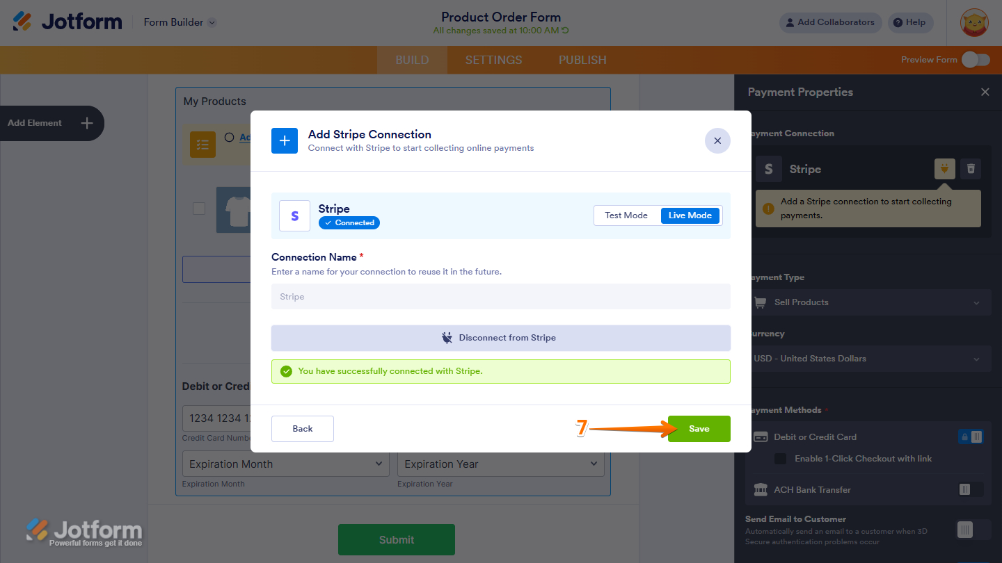 Save button in the Add Stripe Connection window