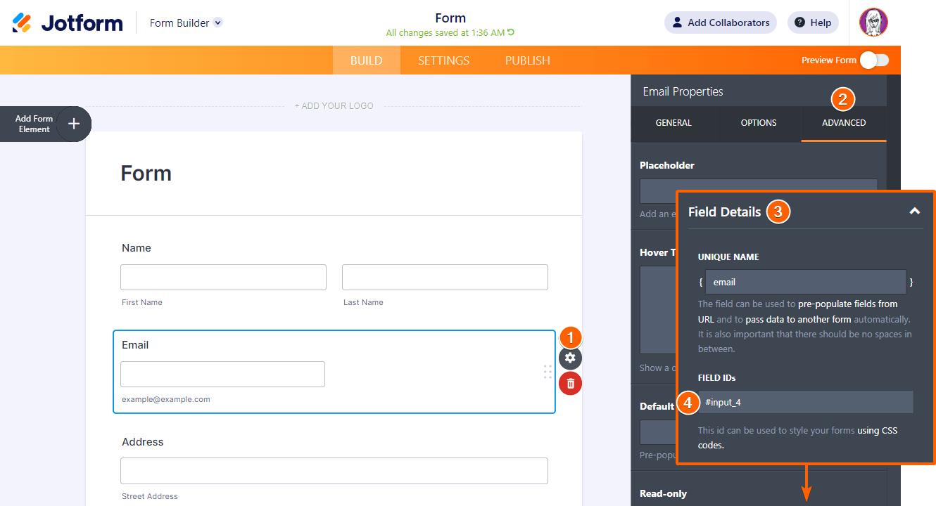 Steps to get an element's field ID in Jotform Form Builder