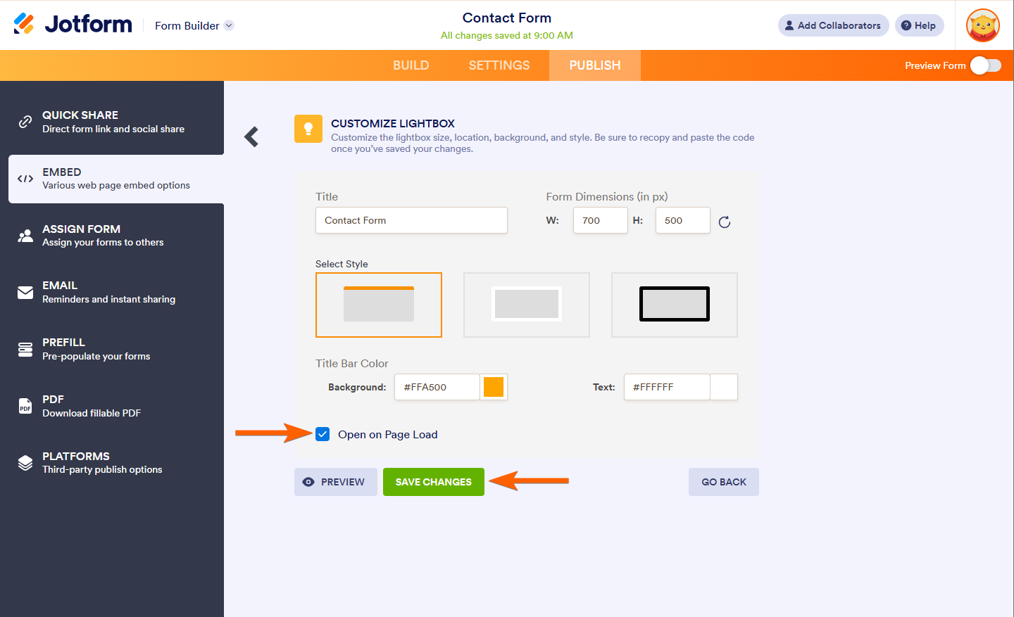 Open on Page Loan option and Save Changes button in Jotform