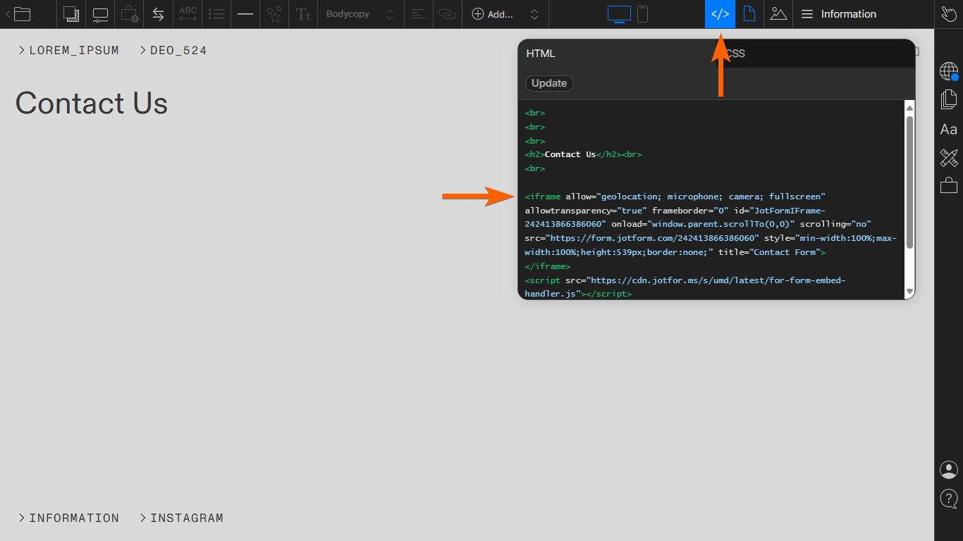 Ein Iframe-Code in der Frachtcode-Ansicht