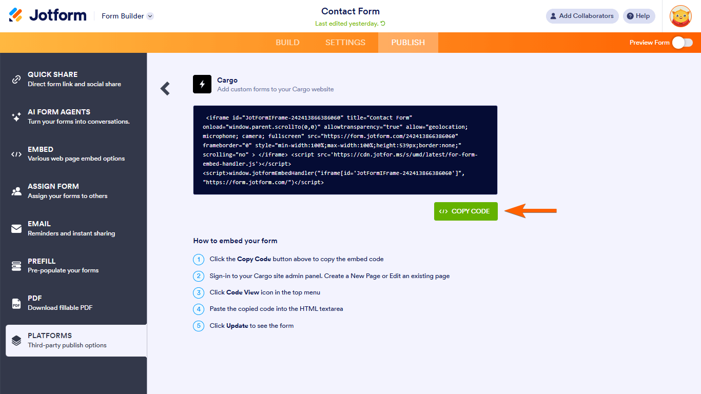 Un botón de Copiar Código de Cargo en las Plataformas del Creador de Formularios de Jotform