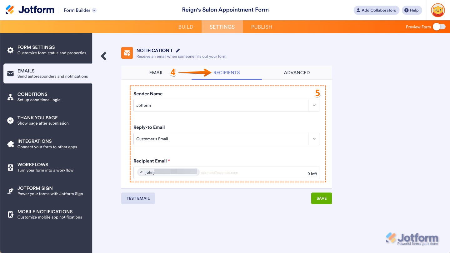 Jotform Email Notification settings showing the Recipients tab with fields for Sender Name, Reply-to Email, and Recipient Email addresses