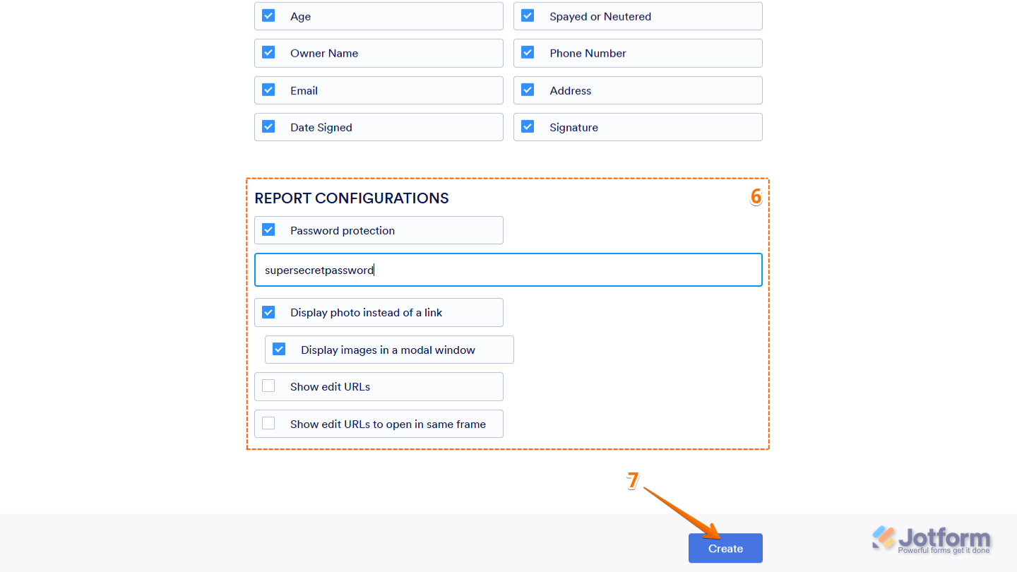 Report Configurations settings in the HTML Table Listing page of Jotform My Workspace page