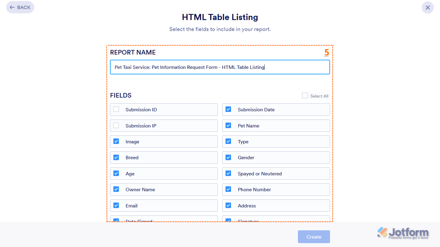 Report Name and Fields settings in the HTML Table Listing page of Jotform My Workspace page