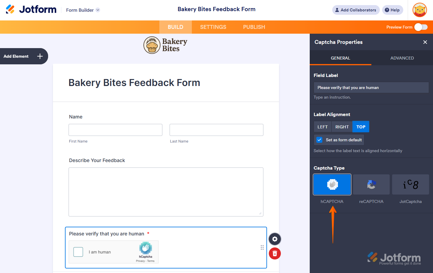 hCaptcha Type in Jotform