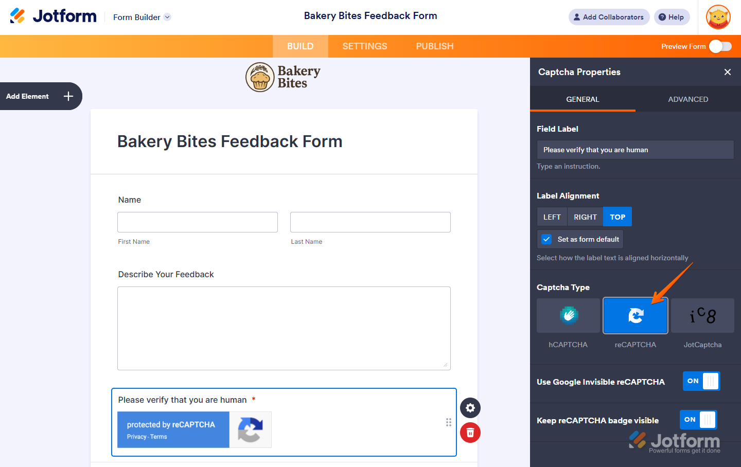 reCAPTCHA type in Jotform