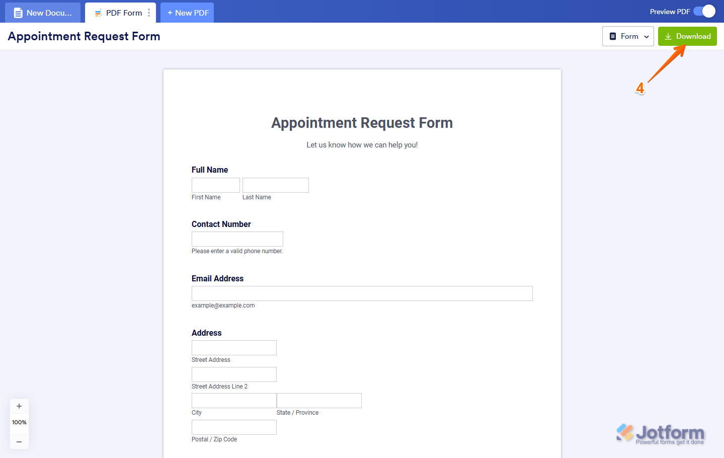 Download Button in the PDF Editor of Workspace Jotform