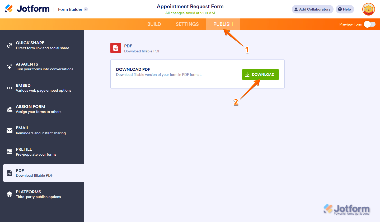 Publish and Download option in Form Builder of Jotform