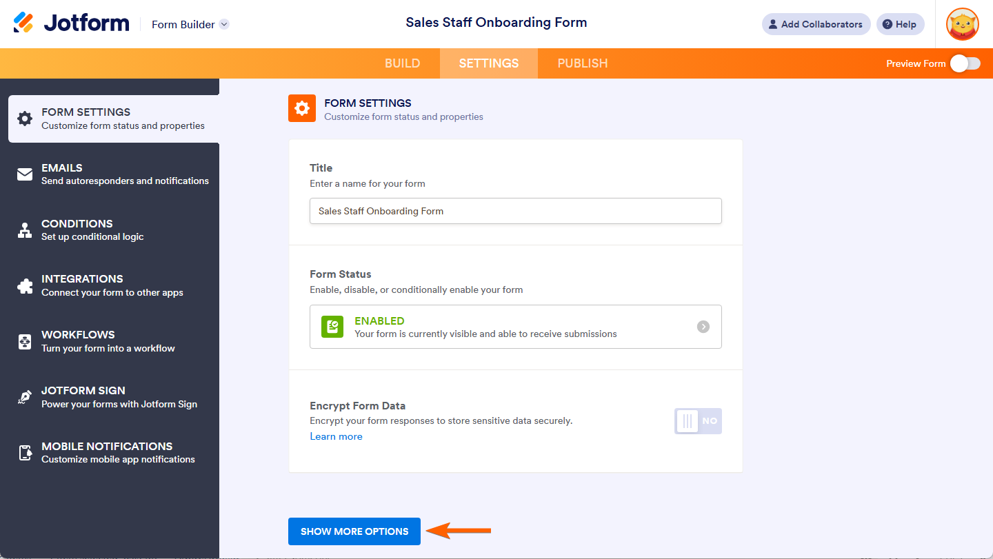 Show More Options button in the Form Settings tab of the Jotform Cards Form Builder Settings