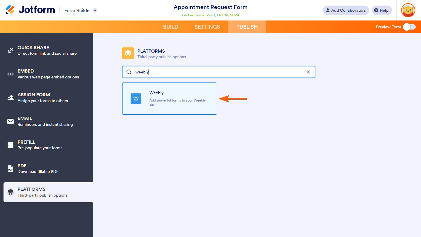 Weebly publish option in Platforms tab of Form Builder in Jotform
