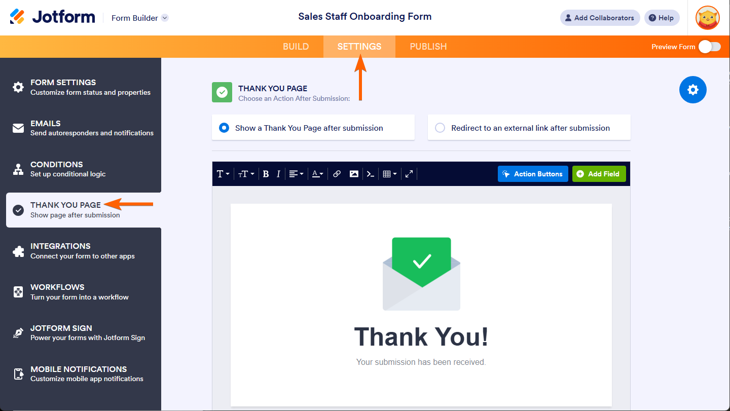 Thank You Page tab in Jotform Form Builder Settings