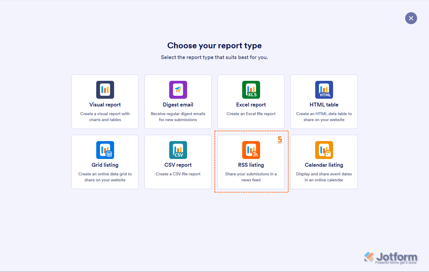 On the Create Report page, the 'RSS Listing' option is visible for selection in Jotform