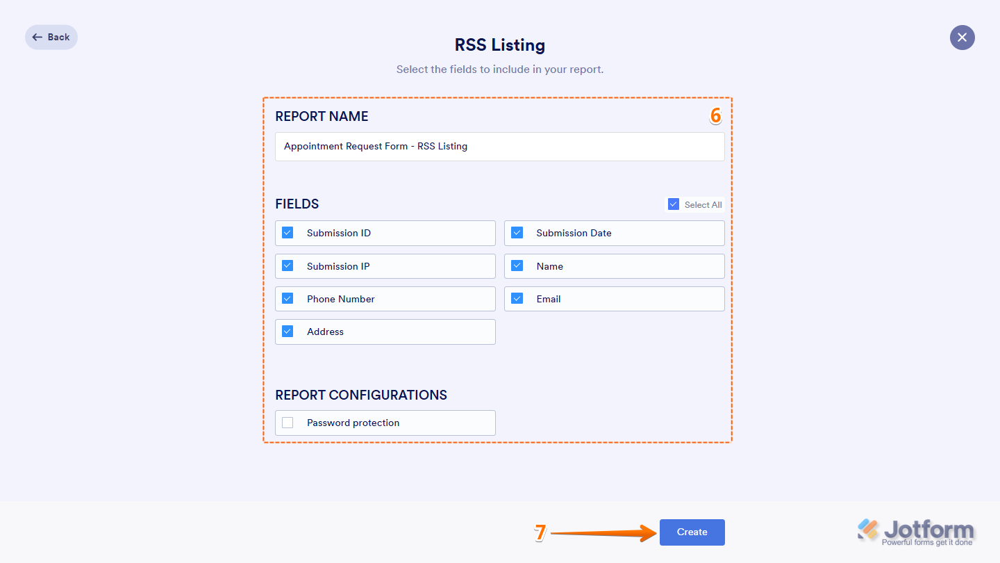 The Create Report page displays options to configure the RSS Listing