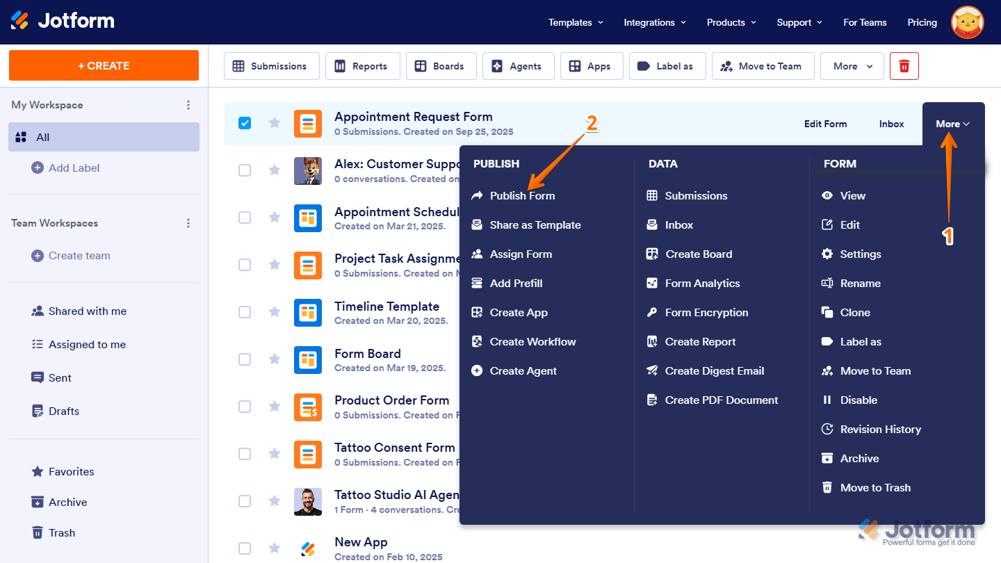 My Workspace page showing the 'More' menu with the 'Publish Form' option highlighted in Jotform