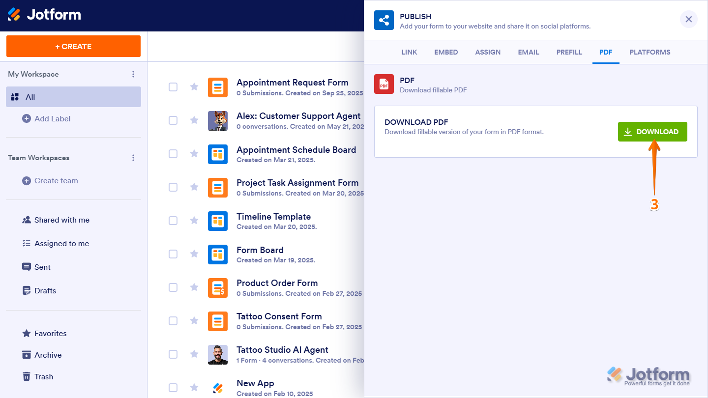 Download button under the PDF tab of Workspace Jotform