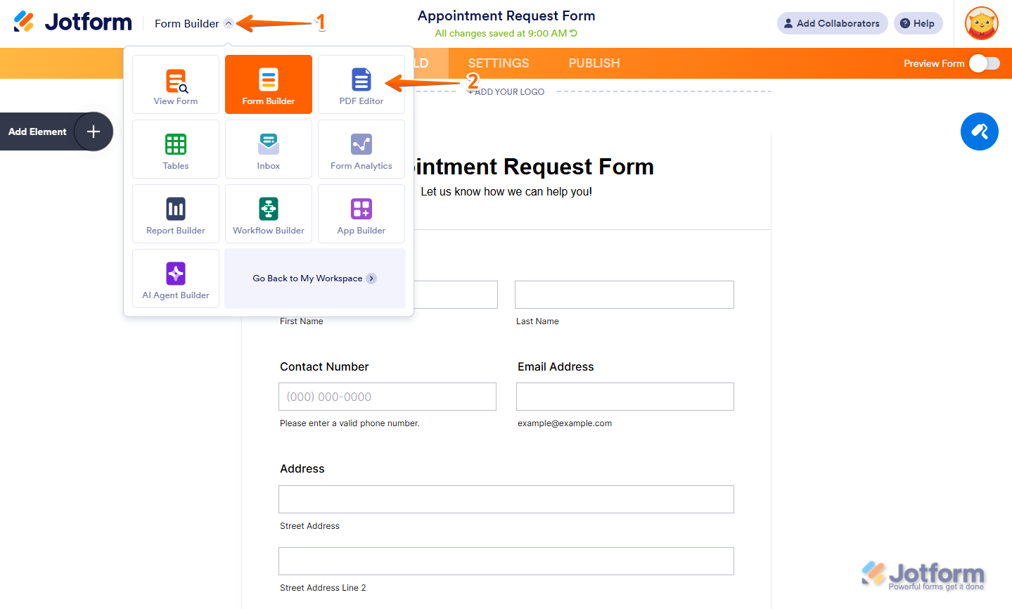 Form Builder and PDF Editor option in workspace Jotform