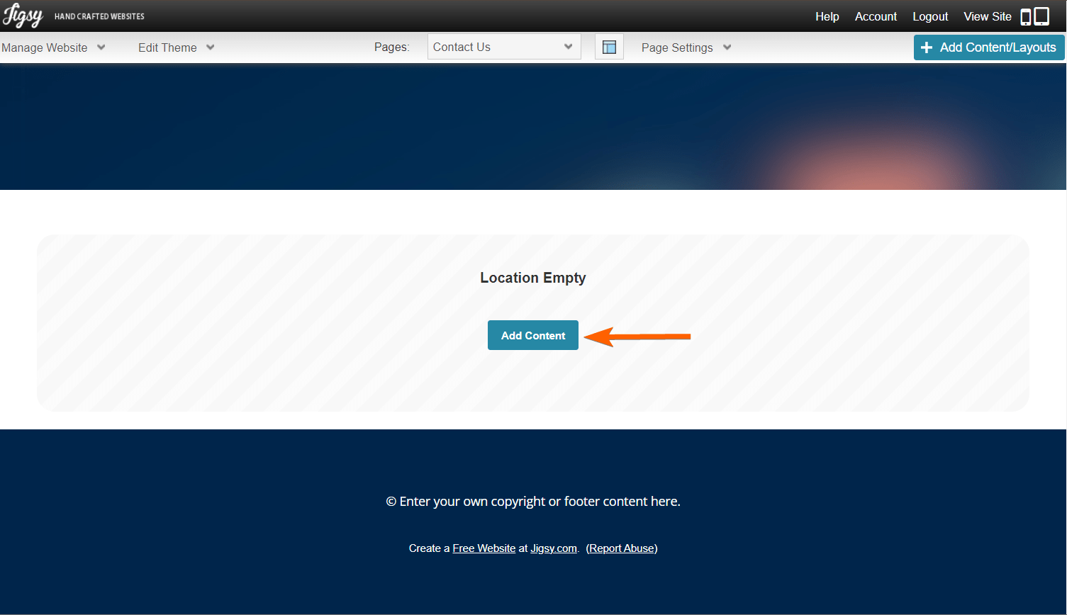 Add Content button in the Jigsy webstie editor