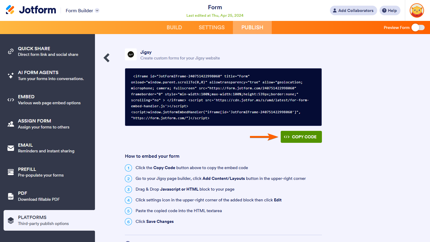 Jigsy Copy Code button in Platforms tab of Form Builder in Jotform