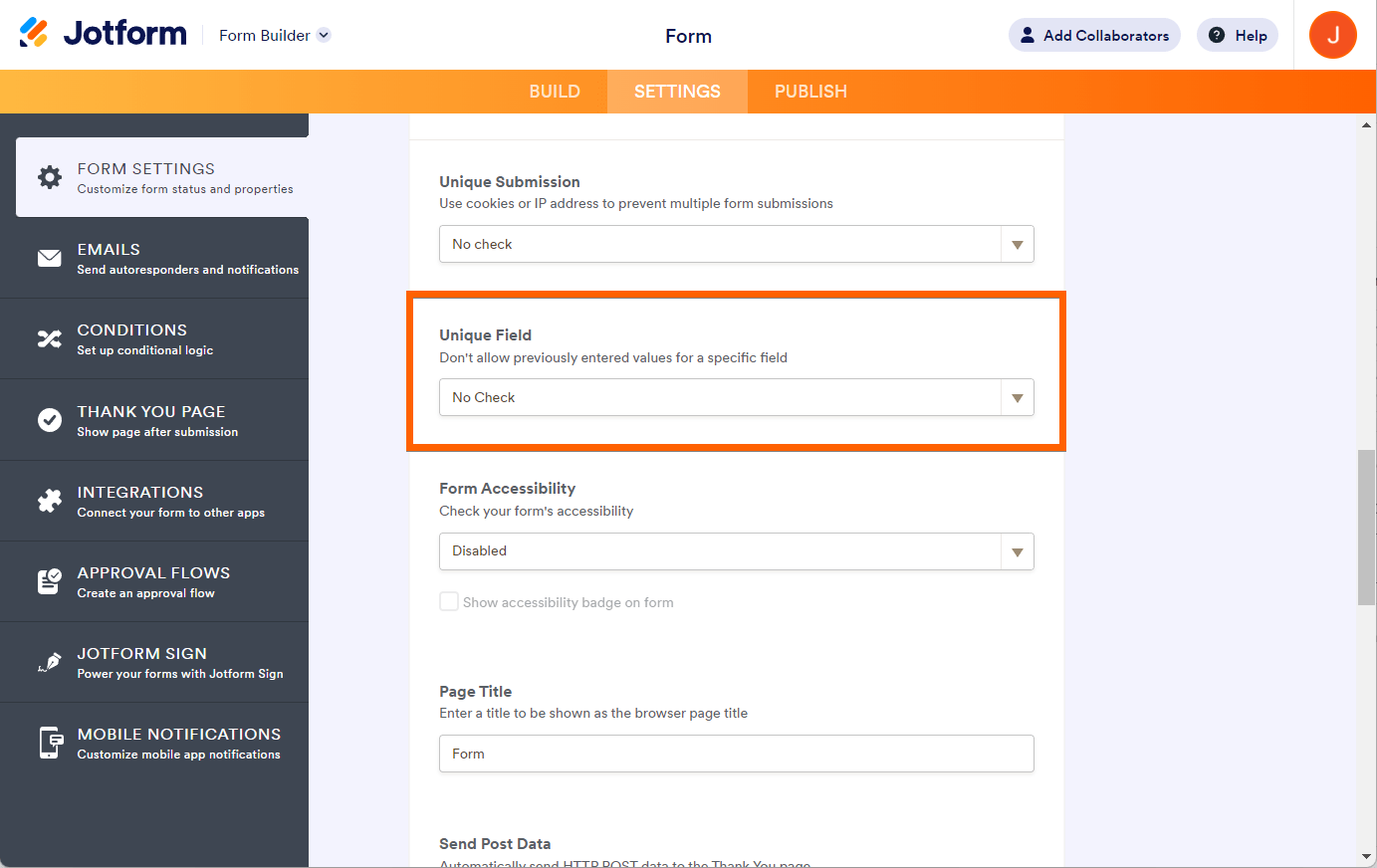 Desplegable de Campo único en la Configuración de Formularios del Jotform Form Builder