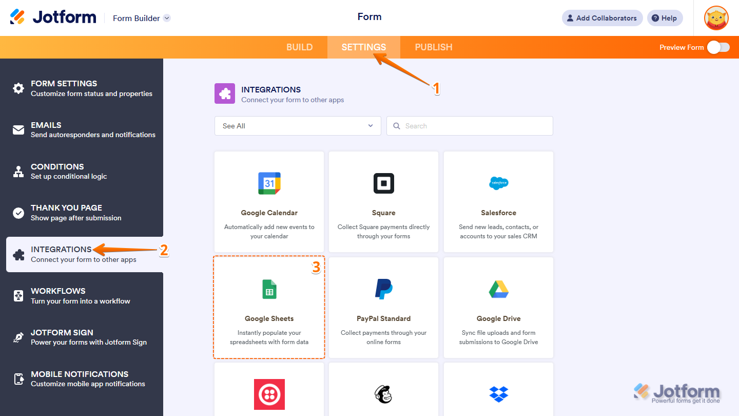Form Builder Settings menu showing Integrations tab and Google Sheets option in Jotform