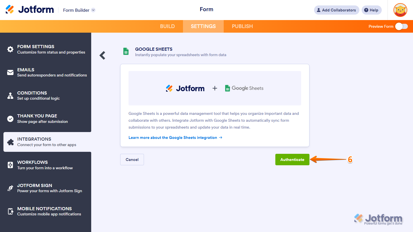 Google Sheets integration screen showing Authenticate button and Google account login in Jotform