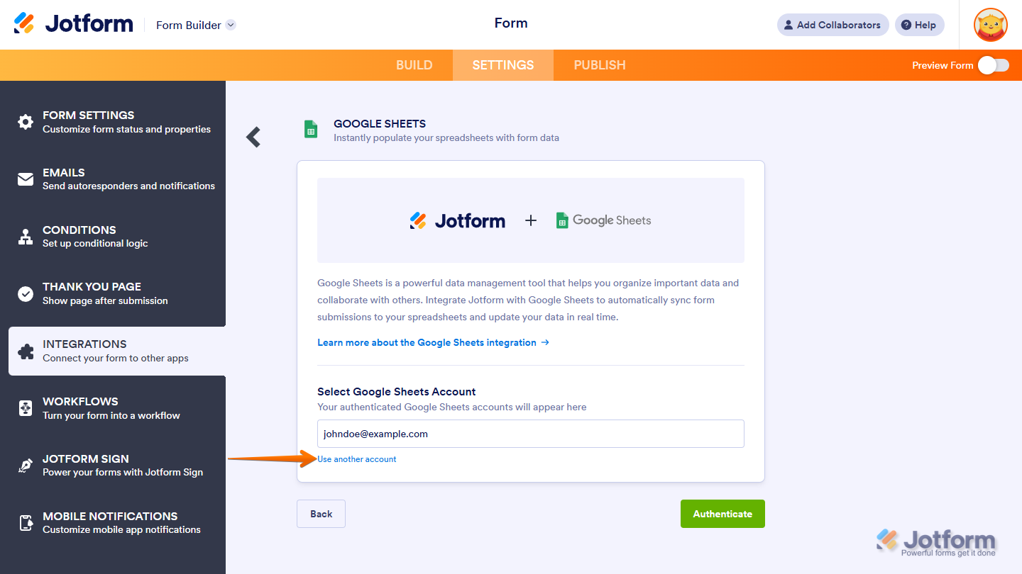 Google Sheets account dropdown showing saved account and Use Another Account option in Jotform