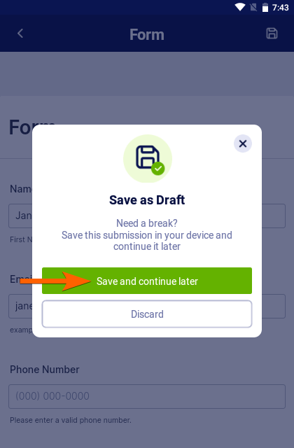 El botón Guardar y continuar después en Formularios móviles de Jotform