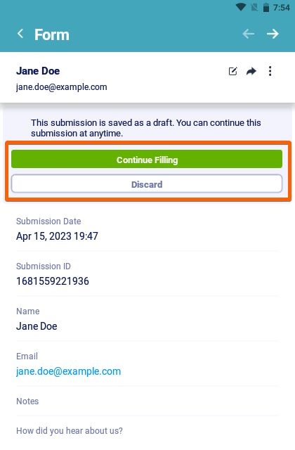 Opciones para continuar o descartar un envío incompleto en Formularios móviles de Jotform