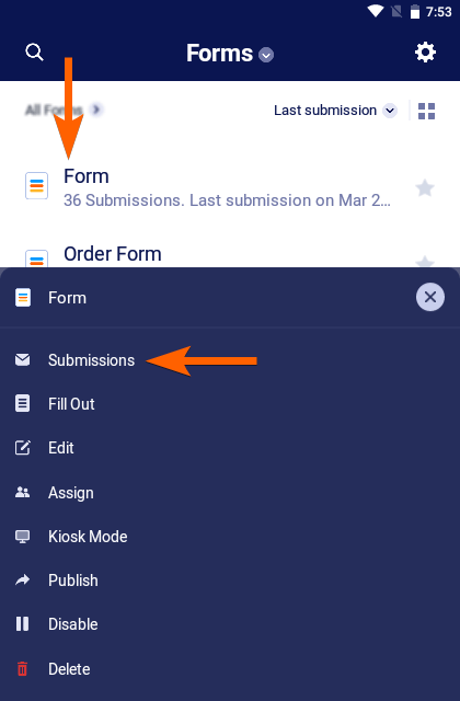 Flechas que guían para ver envíos en Formularios móviles de Jotform