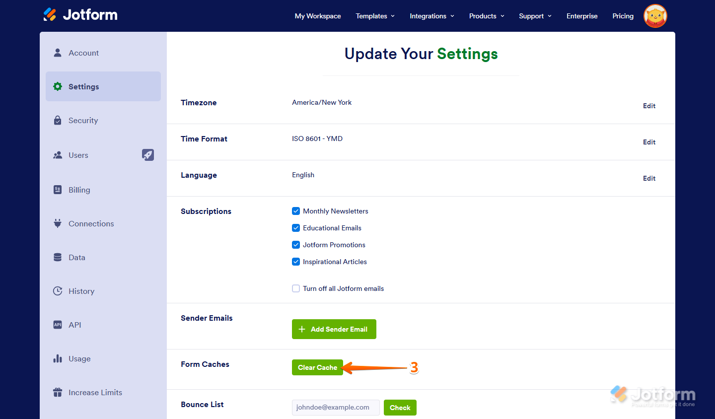 Form Cache setting Clear Cache button on Jotform Settings page