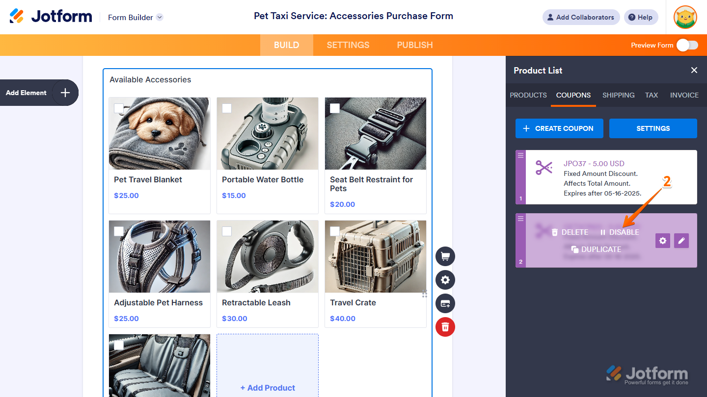 Disable option of a Coupon Code in the Coupons tab of the Product List section of a payment field in Jotform Form Builder