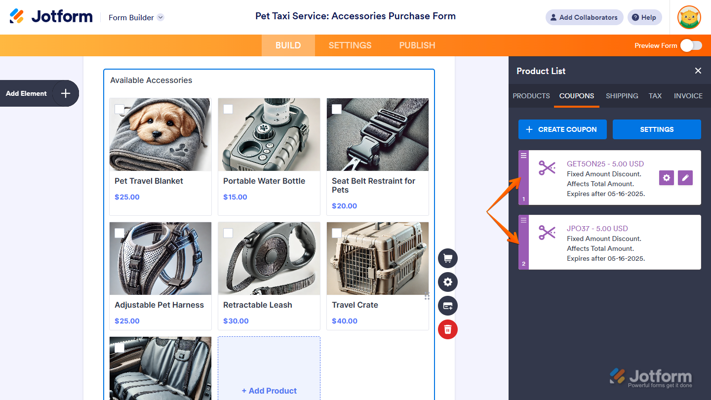 Drag Handle button of a Coupon Code in the Coupons tab of the Product List section of a payment field in Jotform Form Builder