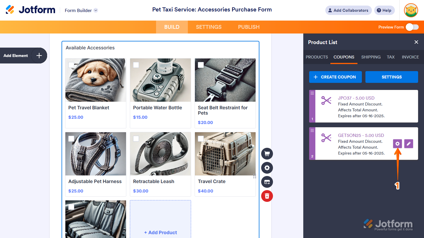 Gear icon of a Coupon Code in the Coupons tab of the Product List section of a payment field in Jotform Form Builder
