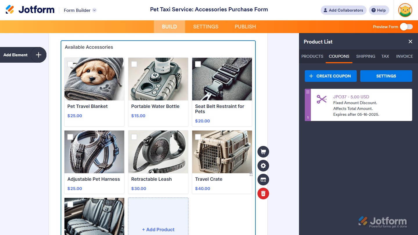 Deleted Coupon Code in the Coupons tab of the Product List section of a payment field in Jotform Form Builder