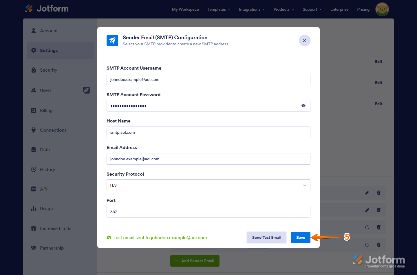 Save button for SMTP Settings in the Sender Email (SMTP) Configuration window on Jotform Account Settings page