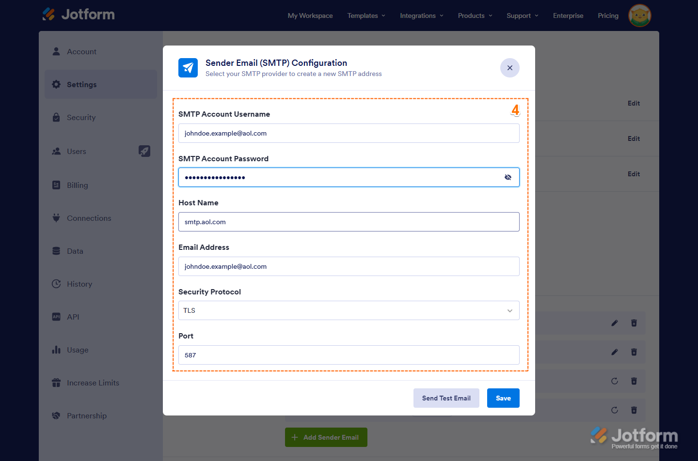 SMTP Settings in the Sender Email (SMTP) Configuration window on Jotform Account Settings page