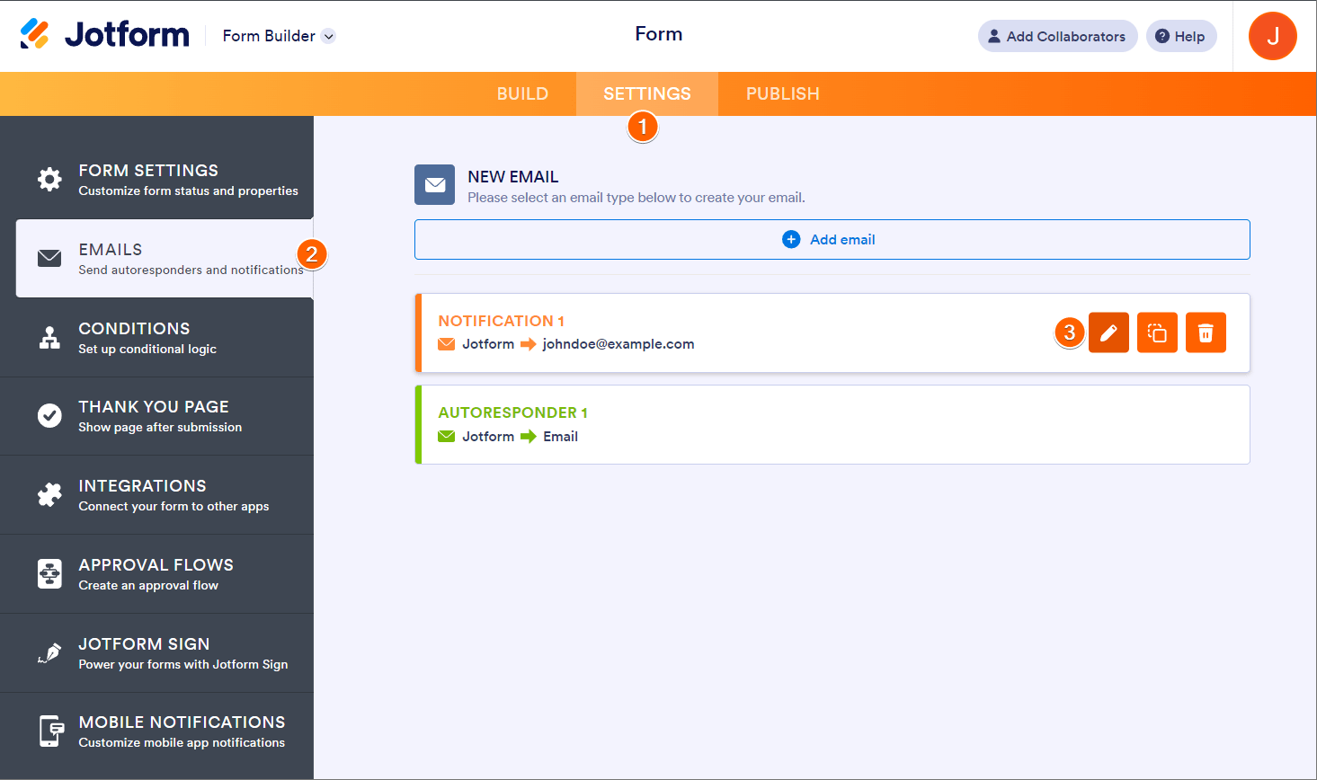 Edit notification email in the Email tab of the Jotform Form Builder