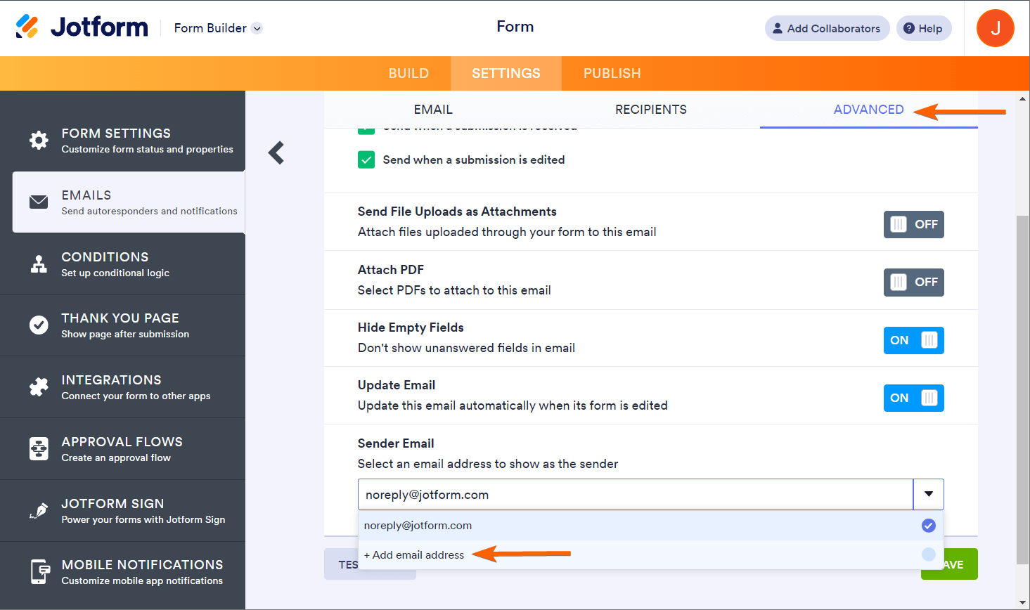 Add Email Address option in the notification email settings in Jotform Form Builder