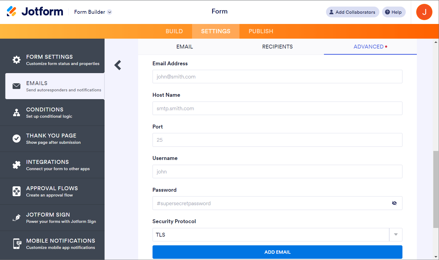 SMTP credentials boxes when adding a custom sender email in Jotform Form Builder