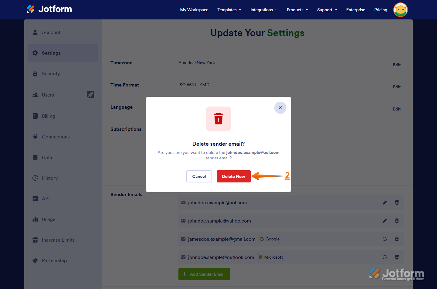 Delete Now button in the Delete Sender Email Confirmation window of the Jotform Settings page